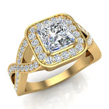 Princess-Cut Diamond Square Halo Crisscross Shank Engagement Ring 14K Gold-I,I1 - Yellow Gold