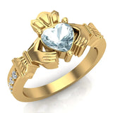Genuine Heart Blue Topaz Claddagh Diamond Ring 0.62 Ct 14K Gold - Yellow Gold