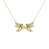 18K Gold Necklace Twin Angels & Wings Diamond Charm Pendant-VS - Yellow Gold