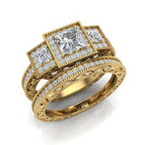 Princess Cut Vintage Engagement Ring with Wedding Band 18K Gold-G,VS - Yellow Gold