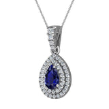 Pear Cut Sapphire Double Halo Diamond Necklace 14K Gold (I,I1) - White Gold