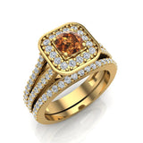1.25 ct tw Champagne & White Cushion Halo Engagement Ring Set 14k Gold (J,I1) - Yellow Gold