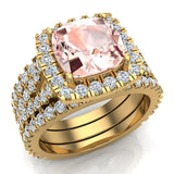 Cushion Cut Pink Morganite Halo Engagement Ring Set 14K Gold-I,I1 - Yellow Gold