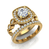 Crescent Wave Shank Round Diamond Cushion Halo Wedding Ring w Band 1.46 ctw 14K Gold (G,I1) - Yellow Gold