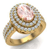 Oval Cut Morganite Double Halo Engagement Ring 18k Gold 2.65 ct-G,VS - Yellow Gold