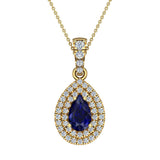 Pear Cut Sapphire Double Halo Diamond Necklace 14K Gold (I,I1) - Yellow Gold