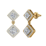 Bridal Princess Halo Diamond Dangle Earrings Kite Pattern 18K Gold 1.93 ct-G,VS - Yellow Gold