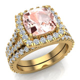 Cushion Cut Pink Morganite Halo Engagement Ring Set 14K Gold-I,I1 - Yellow Gold