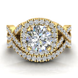 Cushion Halo Diamond Engagement Ring Set Infinity style 14K Gold-I,I1 - Yellow Gold