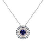 Round Cut Blue Sapphire Double Halo 2 tone necklace 14K Gold-G,I1 - Rose Gold