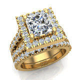 2.60 Ct Moissanite Asscher Cut Wedding Ring Set Halo Diamond Split Shank 14K Gold I1 - Yellow Gold