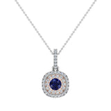 Round Cut Blue Sapphire Cushion Double Halo 2 tone necklace 14K Gold-G,SI - Rose Gold