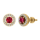 July Birthstone Natural Ruby Halo Stud Diamond Earrings 14K Gold - Yellow Gold