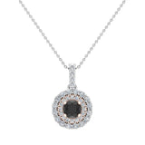 Round Cut Black Diamond Double Halo 2 tone necklace 14K Gold-G,SI - Rose Gold