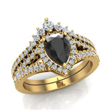 1.75 Ct Pear Cut Black Diamond Halo Diamond Wedding Ring Set 14K Gold-I,I1 - Yellow Gold
