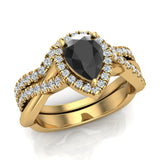 1.60 Ct Pear Black Diamond Criss Cross Diamond Halo Wedding Ring Set 14K Gold I1 - Yellow Gold