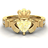 Genuine Heart Yellow Citrine Claddagh Diamond Ring 0.62 Ct 14K Gold - Yellow Gold