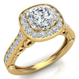 Round Brilliant Cushion Halo Diamond Engagement Ring 14K 1.15 ct-F,VS - Yellow Gold