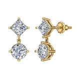 Princess & Round Drop Two stone Diamond Dangle Earrings 18K Gold-G,VS - Yellow Gold