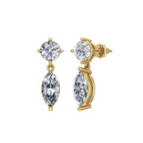 Round & Marquise Drop 2 stone Diamond Dangle Earrings 14K Gold-G,SI - Yellow Gold