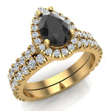 Pear Cut Black Diamond Halo Wedding Ring Set 14K Gold (G,SI) - Yellow Gold