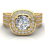 Trio Diamond Shank Cushion Halo Engagement Ring 1.68 cttw 14K Gold-I,I1 - Yellow Gold