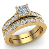 1.00 Ct Four Quad Princess Cut  Diamond Cathedral Accent Wedding Ring Set 14K Gold - Yellow Gold