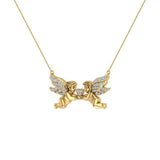 14K Gold Necklace Twin Angels & Wings Diamond Charm Pendant-I1 - Yellow Gold