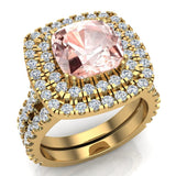 Cushion Morganite Double Halo Wedding Ring Set 14k Gold 3.80 ct-SI - Yellow Gold