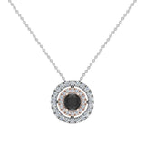 Round Cut Black Diamond Double Halo 2 tone necklace 14K Gold (I,I1) - Rose Gold