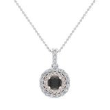 Round Cut Black Diamond Double Halo 2 tone necklace 14K Gold-G,I1 - Rose Gold