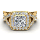 Princess-Cut Diamond Square Halo Crisscross Shank Engagement Ring 18K Gold-G,VS - Yellow Gold