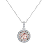 Round Cut Pink Morganite Double Halo 2 tone necklace 14K Gold-G,SI - Rose Gold