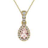 Pear Cut Pink Morganite Halo Diamond Necklace 14K Gold (I,I1) - Yellow Gold