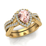 1.60 Ct Pink Morganite Criss Cross Diamond Halo Wedding Ring Set 14K Gold-I,I1 - Yellow Gold