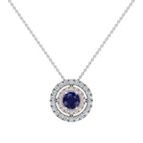 Round Cut Blue Sapphire Double Halo 2 tone necklace 14K Gold-G,SI - Rose Gold