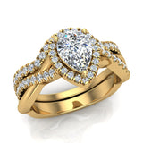 1.60 Ct Moissanite Pear cut Criss Cross Diamond Halo Wedding Ring Set 14K Gold-I,I1 - Yellow Gold