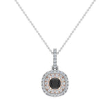 Round Cut Black Diamond Cushion Double Halo 2 tone necklace 14K Gold-G,SI - Rose Gold