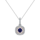 Round Cut Blue Sapphire Cushion Double Halo 2 tone necklace 14K Gold-G,I1 - Rose Gold