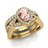 2.16 Ct Morganite Pear Cut Wedding Ring Set Criss Cross Halo Diamond Ring 14K Gold-I,I1 - Yellow Gold