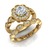 Classic Round Diamond Floral Halo Setting Wedding Ring Set 1.42 ctw 14K Gold-I,I1 - Yellow Gold