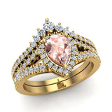 1.75 Ct Pear Cut Pink Morganite Halo Diamond Wedding Ring Set 14K Gold-I,I1 - Yellow Gold