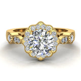 GIA Round halo diamond engagement rings floral milgrain 14K 1 ctw G I1 - Yellow Gold