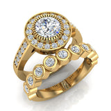 Milgrain Round Halo Engagement Ring with Bezel Band 2.06 ct 18K Gold-SI - Yellow Gold