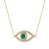 0.94 Ct Evil Eye Diamond & Emerald Pendant 14K Gold Necklace - Yellow Gold