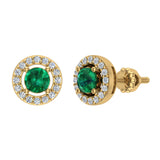 May Birthstone Natural Emerald Halo Stud Diamond Earrings 14K Gold - Yellow Gold