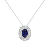 Oval Cut Blue Sapphire Double Halo 2 tone necklace 14K Gold (G,I1) - Rose Gold