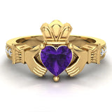 Genuine Heart Amethyst Claddagh Diamond Ring 0.62 Ct 14K Gold - Yellow Gold
