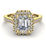 Emerald-Cut Solitaire Diamond Cornered Halo Wedding Ring 18K Gold-G,VS - Yellow Gold