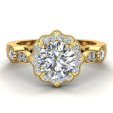 GIA Round halo diamond engagement rings floral milgrain 14K 1.25 ctw I1 - Yellow Gold